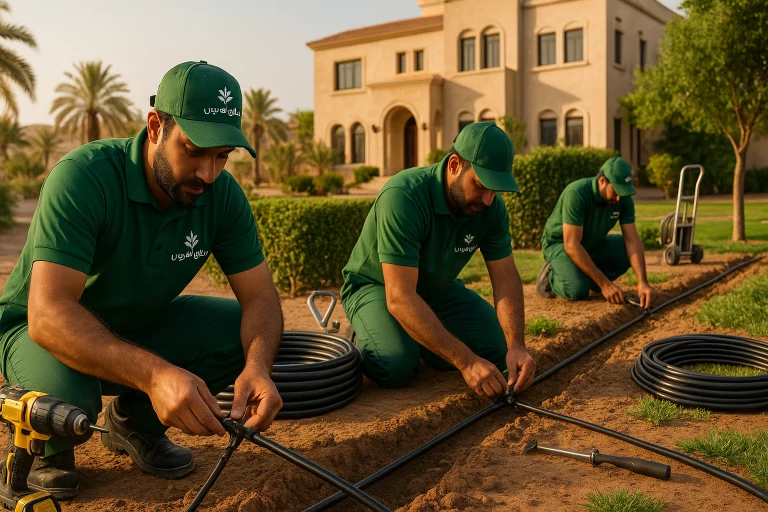 فريق من حدائق الفردوس يقوم بتركيب نظام ري بالتنقيط في حديقة منزلية كويتية بأدوات متطورة