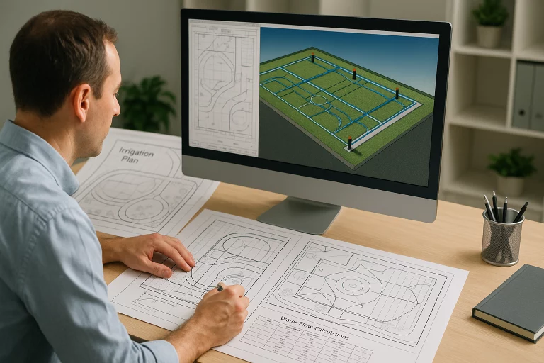 مهندس من حدائق الفردوس يعمل على تصميم مخططات هندسية مفصلة لنظام الري باستخدام برامج CAD المتطورة