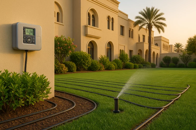 حديقة كويتية فاخرة بعد اكتمال تركيب نظام الري الذكي مع ظهور خطوط التنقيط والرشاشات ولوحة التحكم
