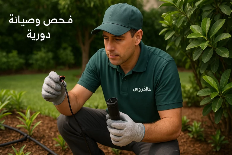 فني صيانة من حدائق الفردوس يقوم بفحص وصيانة نقاطات الري وتنظيف المرشحات في حديقة كويتية مورقة