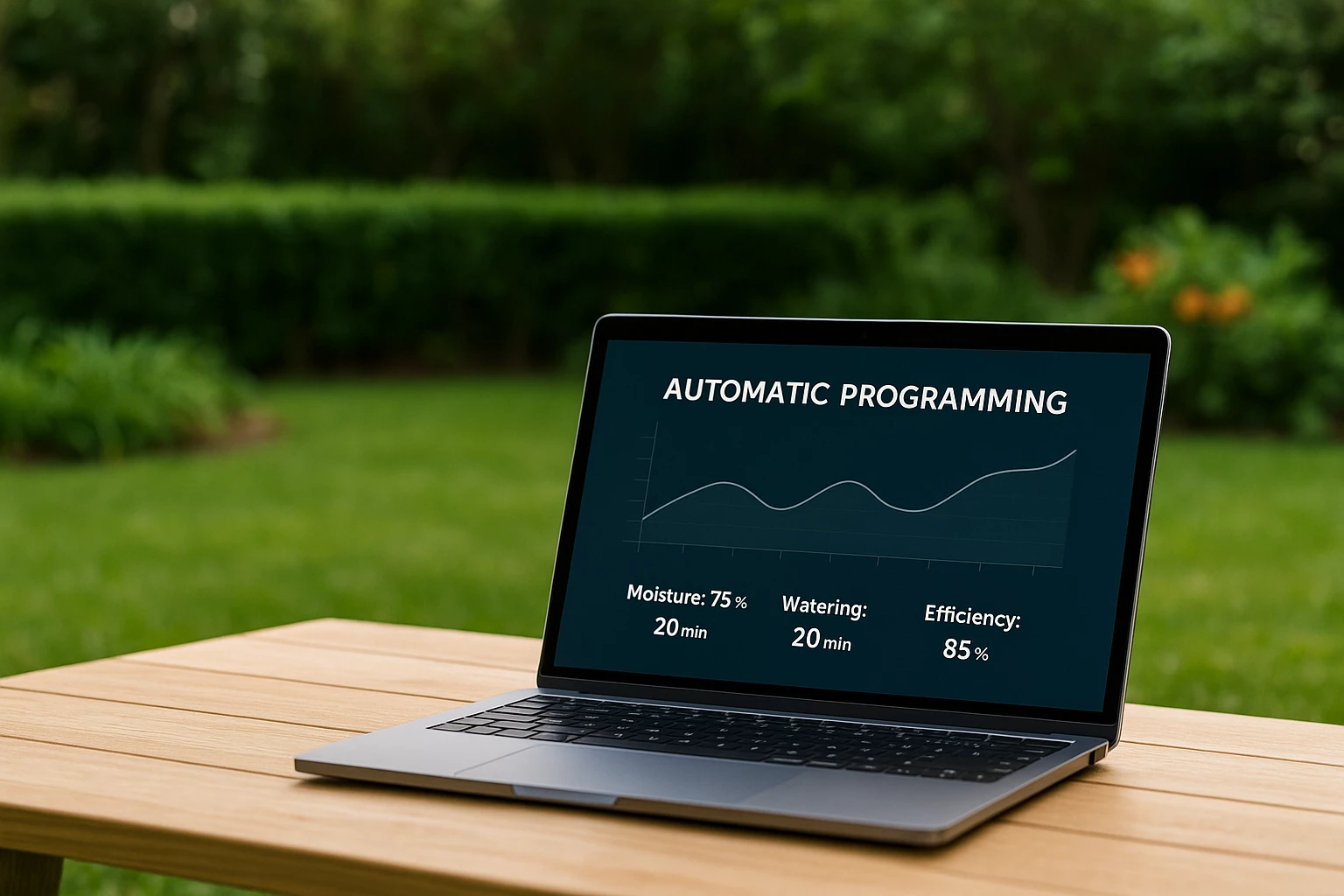 منظر علوي لحديقة كويتية خضراء مع نظام ري بالتنقيط يظهر بوضوح بين النباتات والمسطحات الخضراء