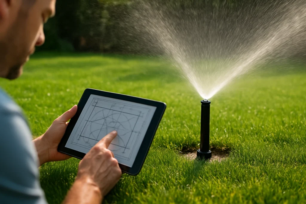 مهندس يستخدم تابلت مع مخطط ري بجانب رشاش يعمل