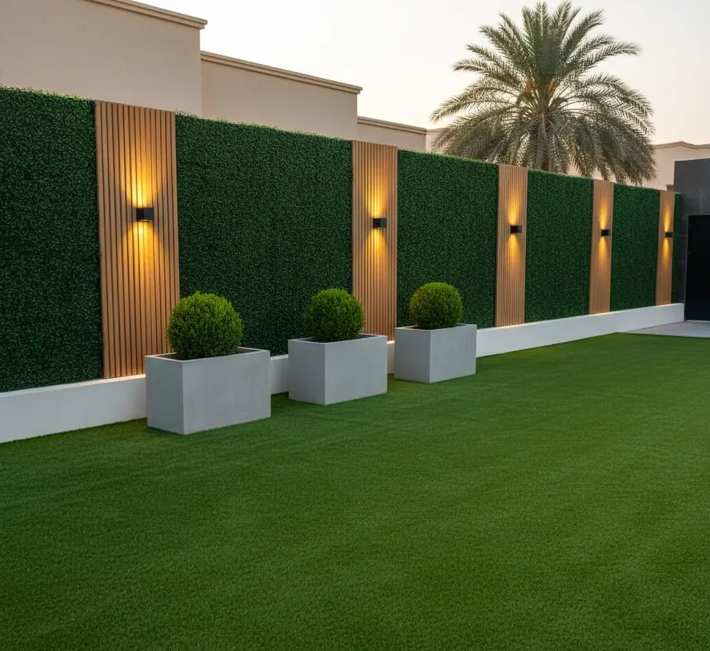 سور تركي من العشب الصناعي وألواح خشبية مضيئة مع أحواض زرع وزهور وعشب أخضر في حديقة فيلا.