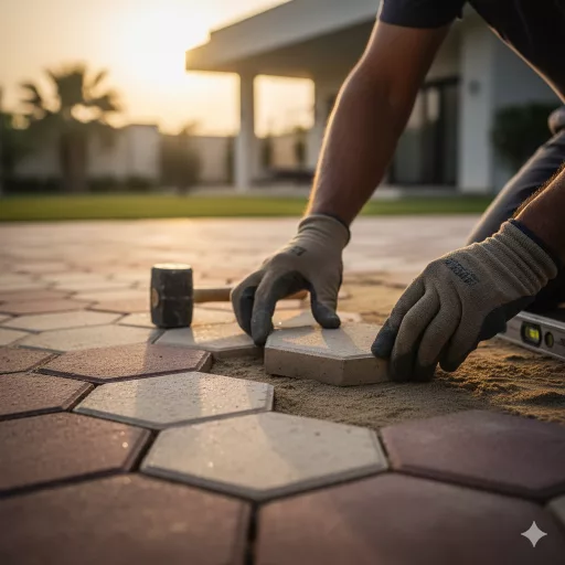 عامل يقوم بتركيب بلاط إنترلوك خرساني سداسي الشكل متعدد الألوان في مشروع خارجي.