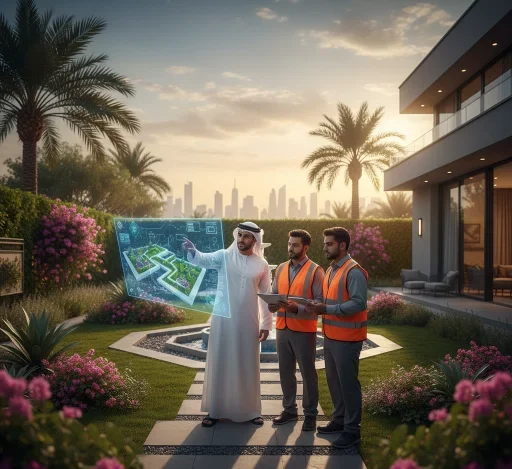 منظر علوي لحديقة منزلية مصممة بشكل إبداعي في الكويت، تجمع بين مساحات خضراء مورقة ونوافير مياه ومسارات حجرية أنيقة