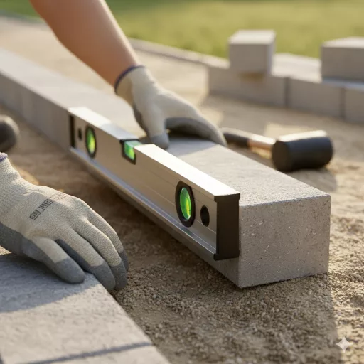 عامل يستخدم ميزان تسوية لتركيب الكربستون الخرساني على قاعدة رملية في موقع بناء خارجي.