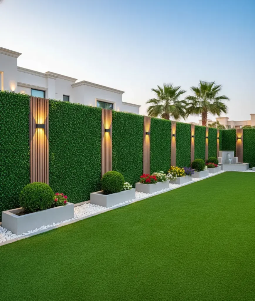 سور تركي من العشب الصناعي وألواح خشبية مضيئة مع أحواض زرع وزهور وعشب أخضر في حديقة فيلا.