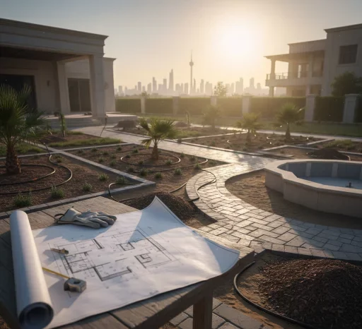 مخطط هندسي على طاولة عمل لأرضية حديقة منزلية قيد التنفيذ بالكويت، مع مسارات مرصوفة ونخيل صغير وخلفية لمدينة الكويت
