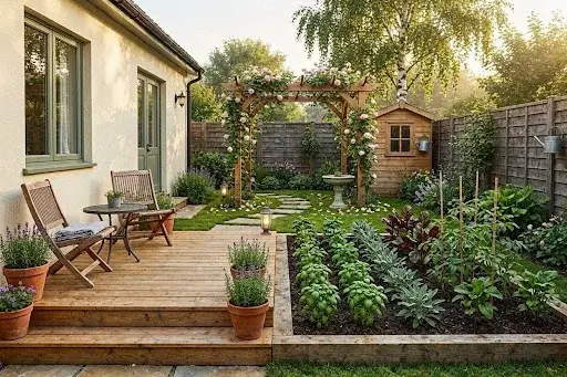 حديقة منزلية بتصميم مودرن في الكويت تضم ممراً حجرياً، جلسة خشبية، ونباتات زينة من شركة حدائق الفردوس.