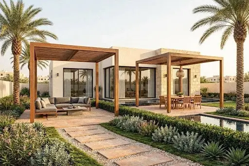 جلسة خارجية تحت برجولة خشبية أنيقة في حديقة منزلية بالكويت - تصميم حديقة منزل بأقل التكاليف