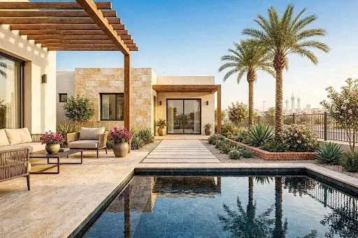 جلسة خارجية عصرية مع نافورة مياه في حديقة منزل في الكويت توضح الاستغلال الأمثل للمساحات