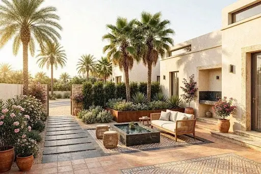 مسبح منزلي بتصميم حديث محاط بحديقة خضراء ونخيل في الكويت يبرز فخامة تنسيق اللاندسكيب
