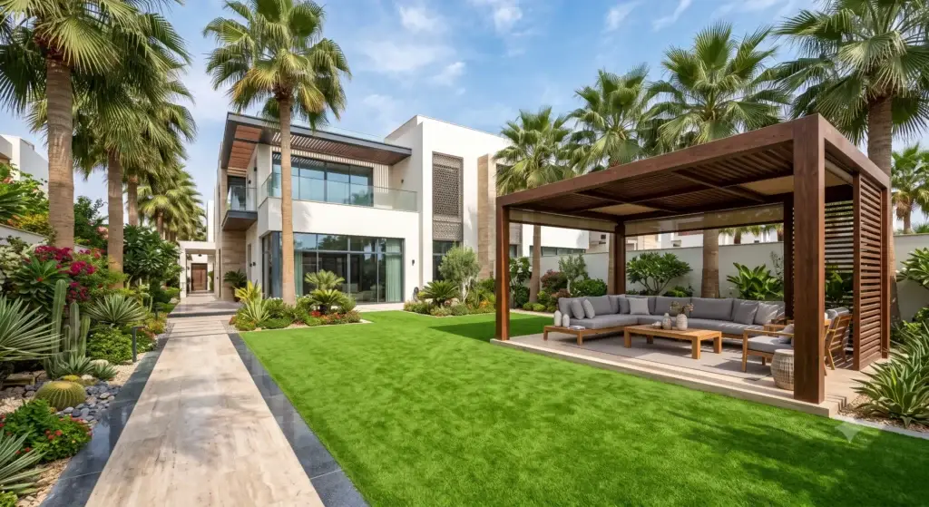 تصميم حديقة منزل كبيرة في الكويت يشمل مسطحات خضراء من النجيل الصناعي، ممرات إنترلوك، وبرجولة خشبية حديثة