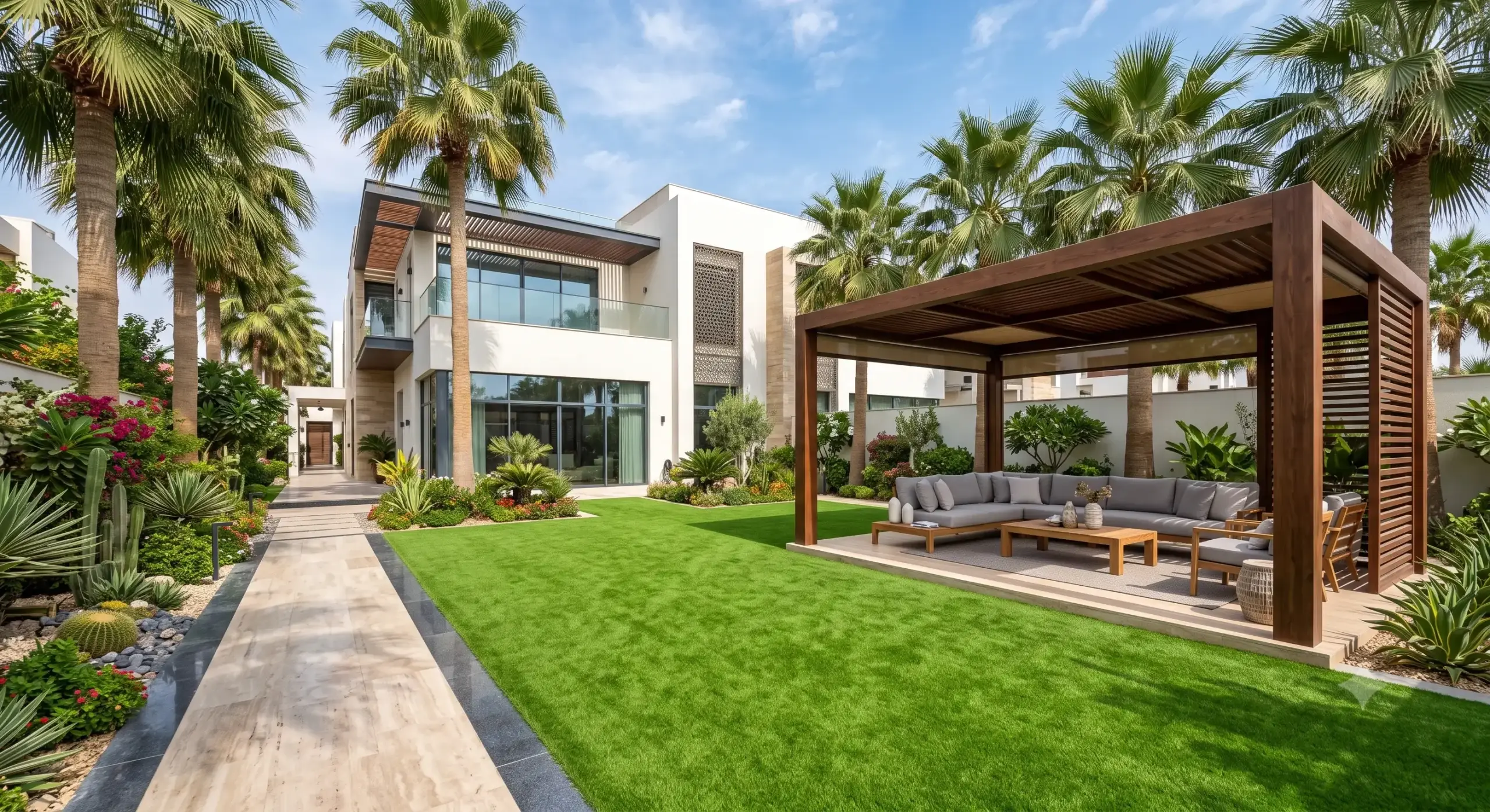 تصميم حديقة منزل كبيرة في الكويت يشمل مسطحات خضراء من النجيل الصناعي، ممرات إنترلوك، وبرجولة خشبية حديثة