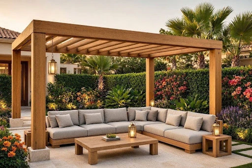 تصميم برجولات خشبية وجلسات خارجية مودرن ضمن أعمال تنسيق حدائق فلل بالكويت من تنفيذ حدائق الفردوس
