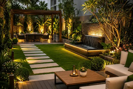 تصميم حديقة خارجية مودرن في الكويت يوضح جلسة مريحة وشلال مياه حديث مع إضاءة LED دافئة مخفية تحت الأحواض الزراعية.