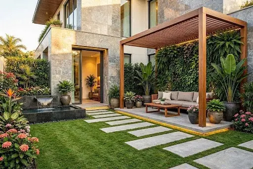 تصميم حديقة منزلية صغيرة مودرن في الكويت تحتوي على عشب أخضر ممرات مستطيلة شلال جداري أسود وجلسة تحت برجولا خشبية.