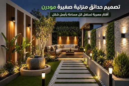 تصميم حديقة منزلية صغيرة مودرن في الكويت بجلسة خارجية أنيقة على منصة خشبية تحت برجولا بإنارة دافئة وعشب أخضر.
