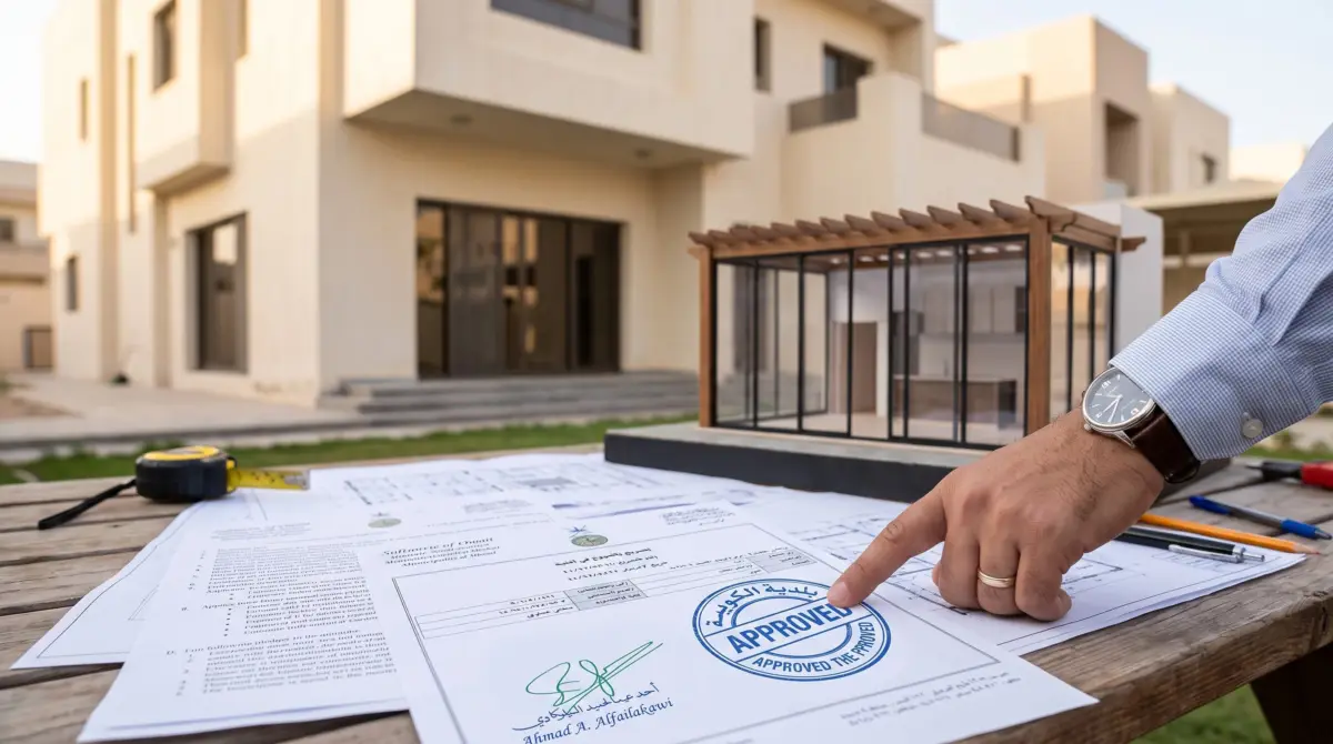 ختم وتوقيع رسمي على وثيقة ترخيص بلدية لغرفة زجاجية معتمدة