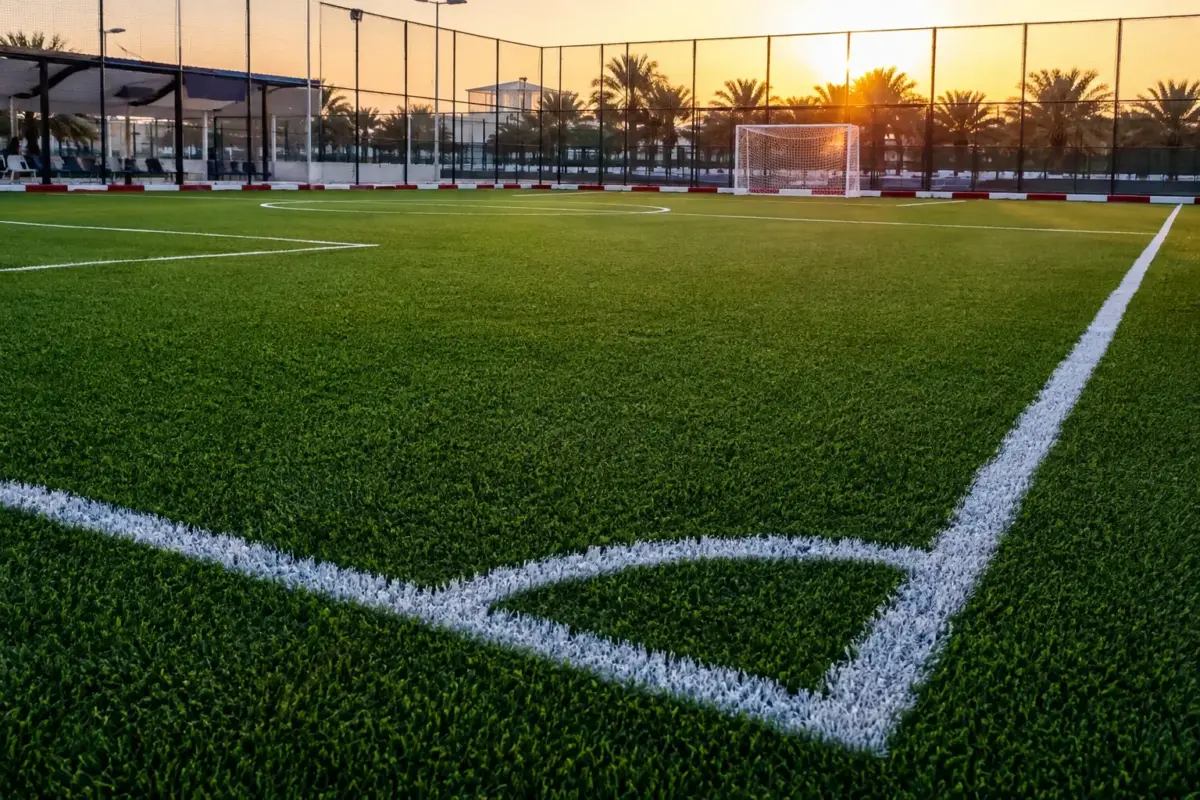 ملعب كرة قدم خماسي مغطى بالثيل الصناعي المعتمد للملاعب مع خطوط تحديد بيضاء ونخيل في الخلفية عند الغروب