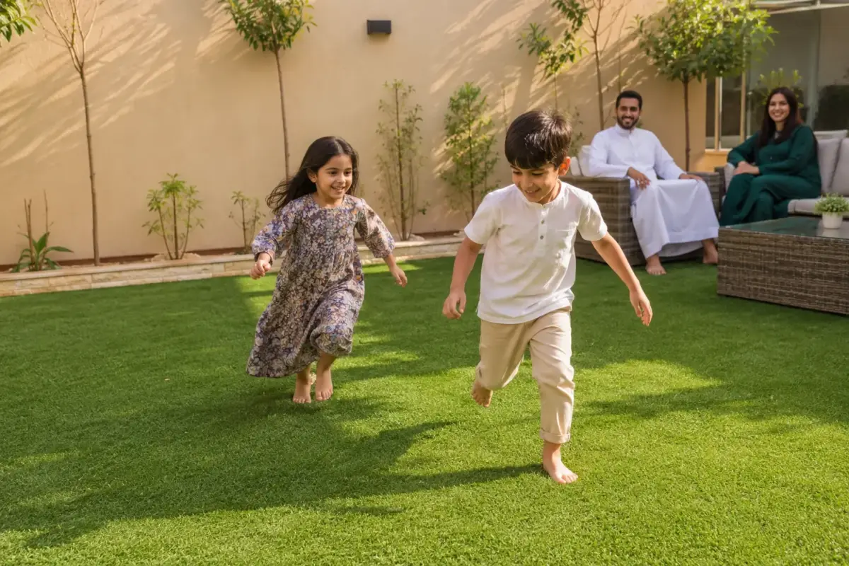 طفلان يلعبان حفاة الأقدام بأمان على أرضية ثيل صناعي ناعم في حديقة منزل كويتي بينما يجلس الوالدان في الخلفية