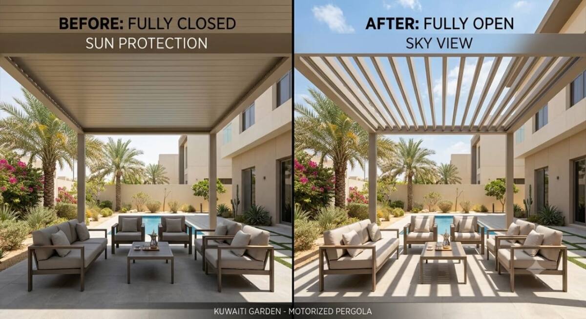 مقارنة بين برجولا متحركة في وضع الإغلاق الكامل ووضع الفتح الكامل في حديقة كويتية