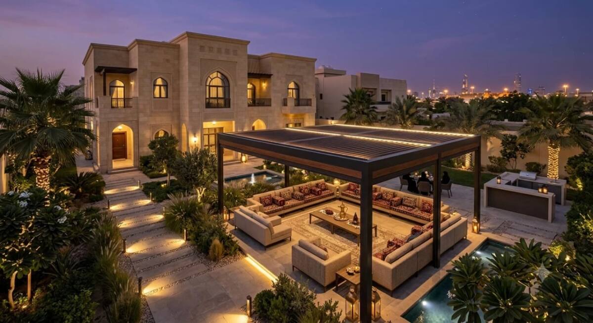 منظر علوي شامل لجلسة وديوانية خارجية متكاملة التصميم في حديقة كويتية