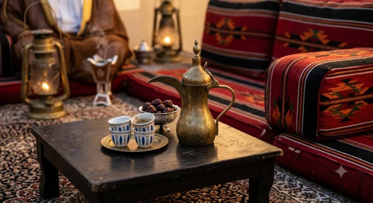 دلة قهوة وأكواب تقليدية على طاولة مجلس منخفضة ضمن جلسة خارجية كويتية