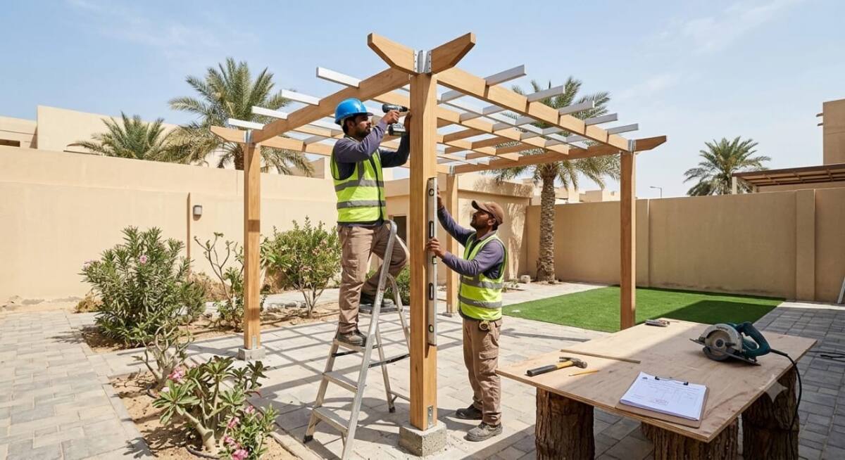 فريق عمل يركب هيكل برجولا من الألمنيوم في حديقة كويتية موضحاً عوامل تحديد التكلفة